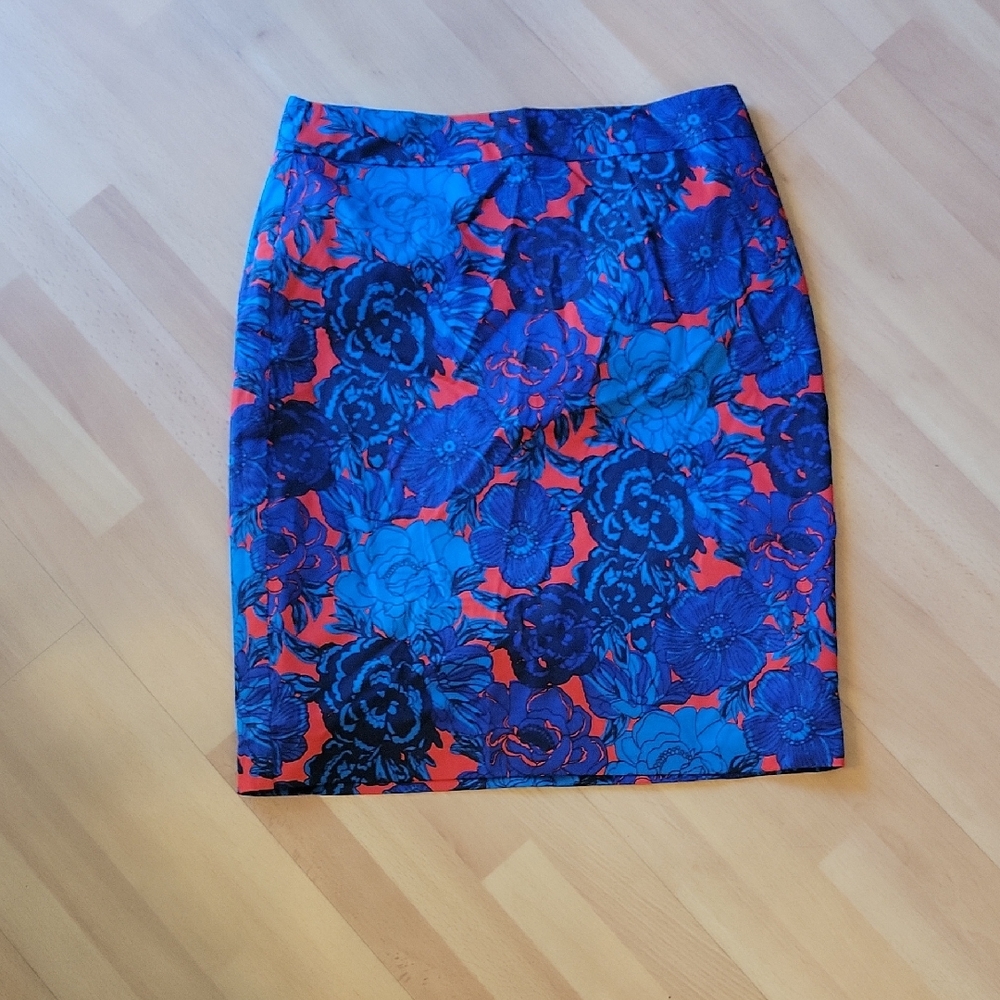 Ann Taylor Vibrant Blue and Red Floral Pencil Skirt